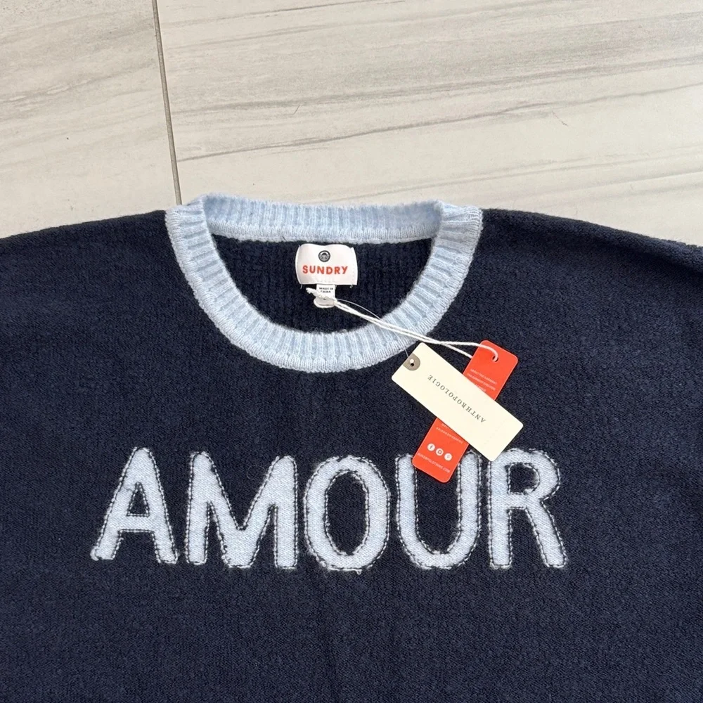 Anthropologie Navy and Light Blue Amour Sweater Size L NWT